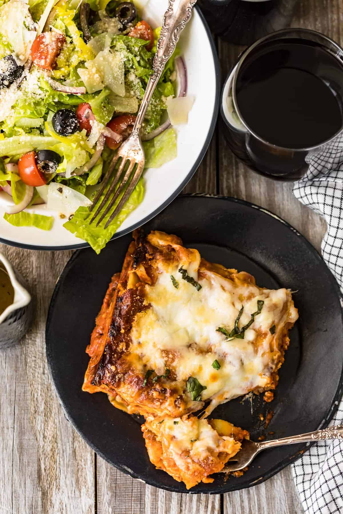 The pasta served with a side salad