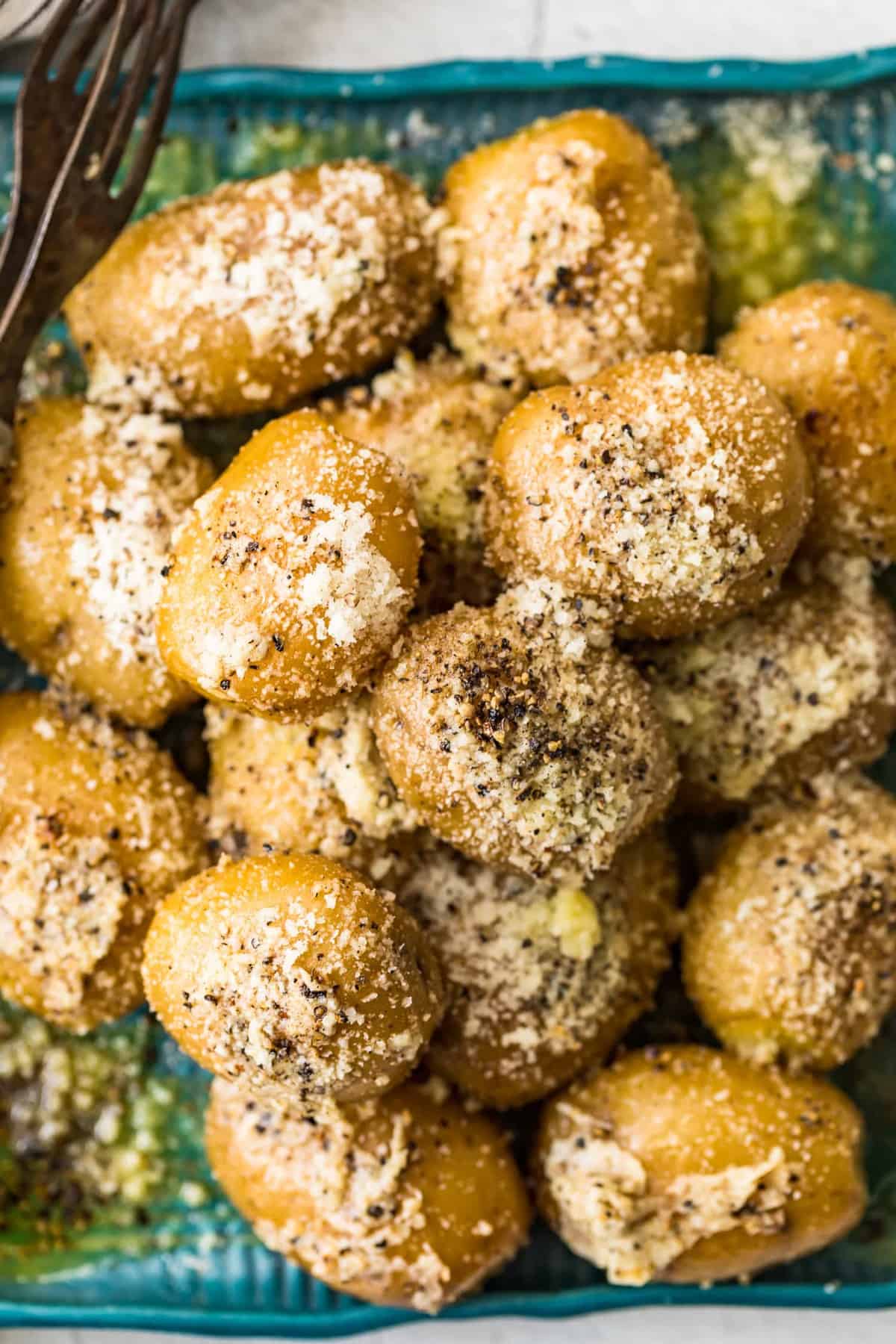 Close up of the toppings on the potatoes