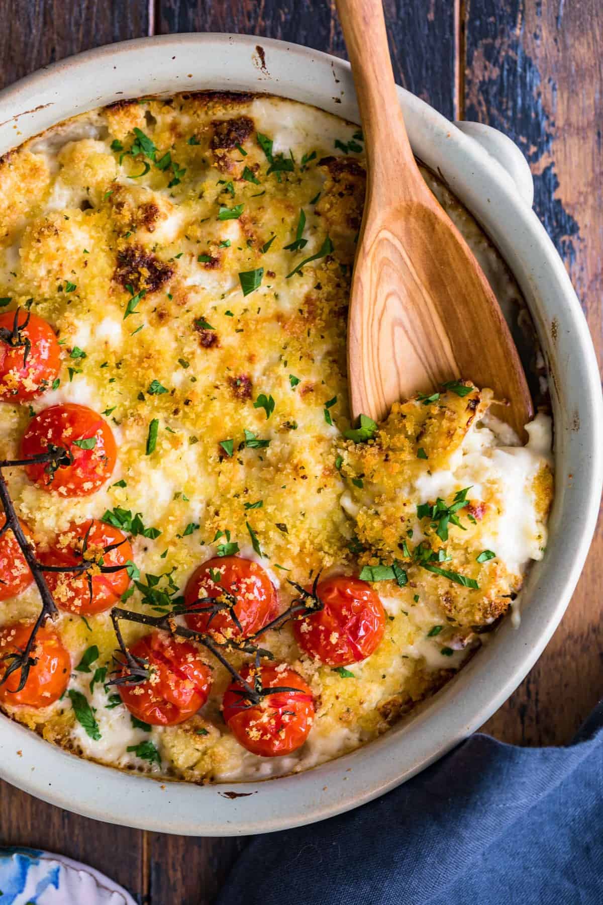  Cauliflower Au Gratin in a white baking dish