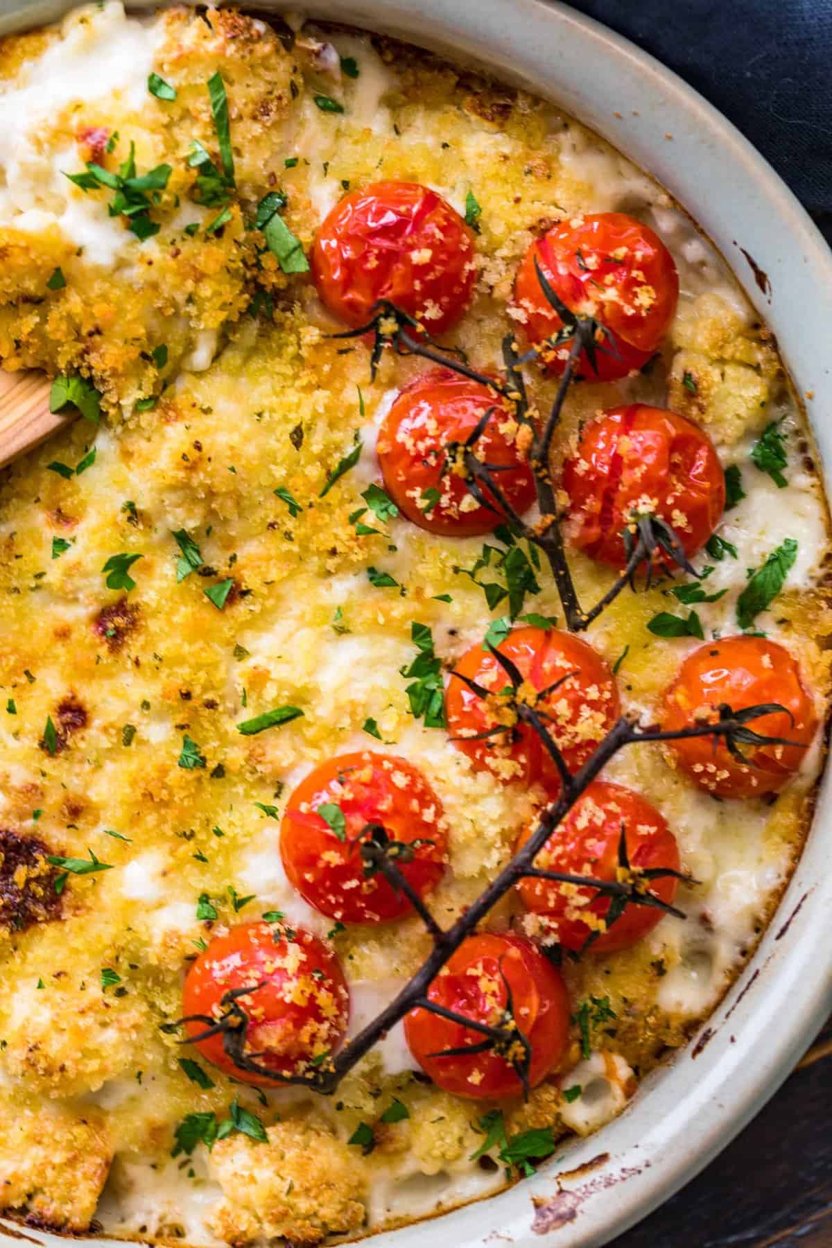 Close up of the tomatoes on the Cauliflower Au Gratin