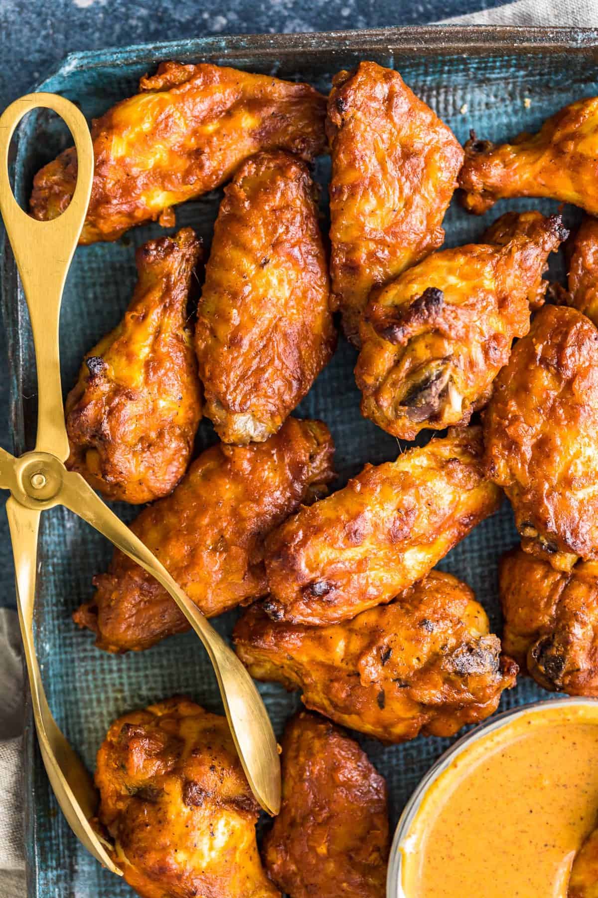 Wings ready to eat and served with a dip