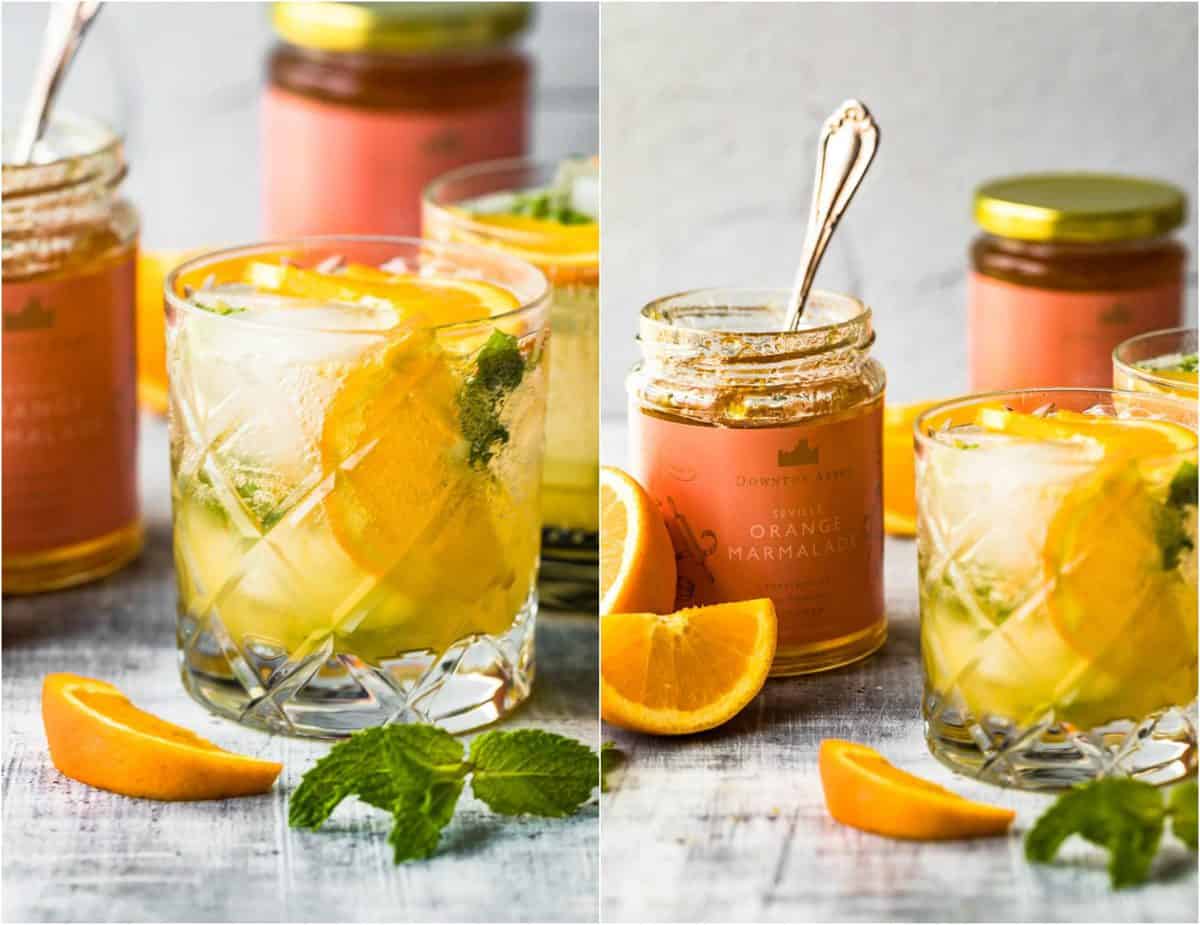 photo collage of jams and cocktails on a table