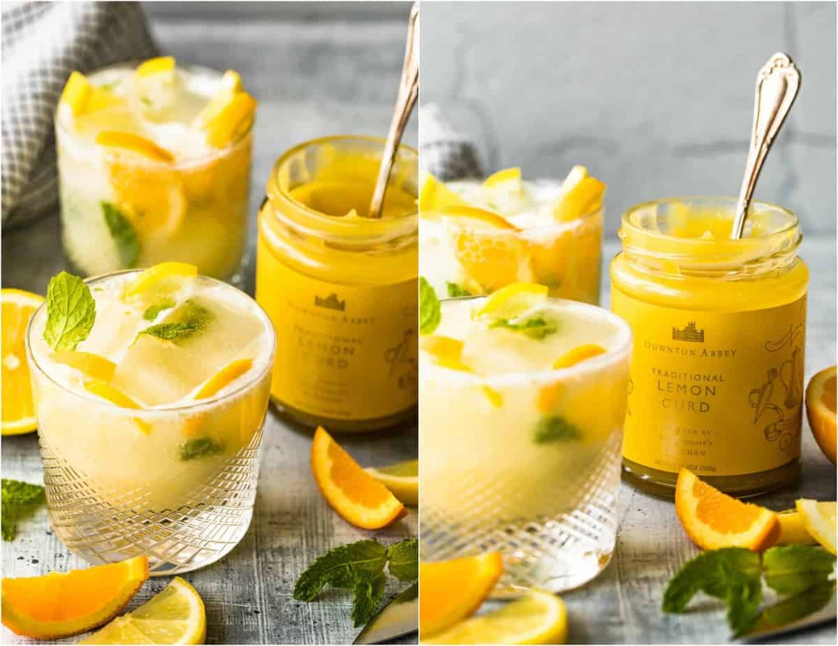 lemon curd jam and cocktails on a table