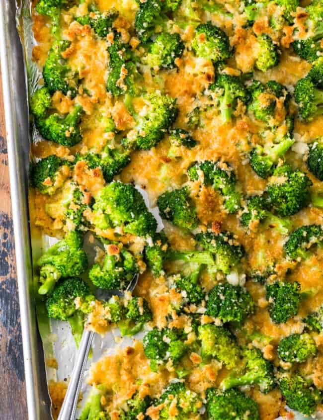 cheesy broccoli on a pan