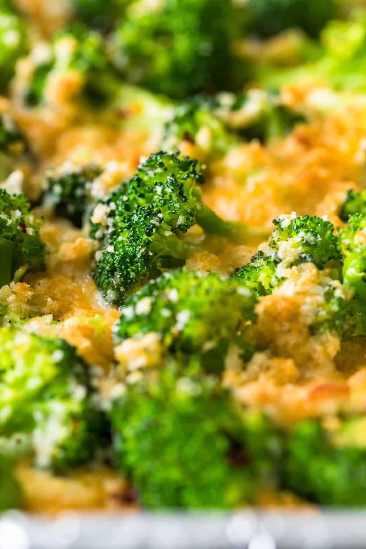 Close up of a floret of Cheesy Roasted Broccoli 