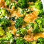 crispy cheesy roasted broccoli on a pan