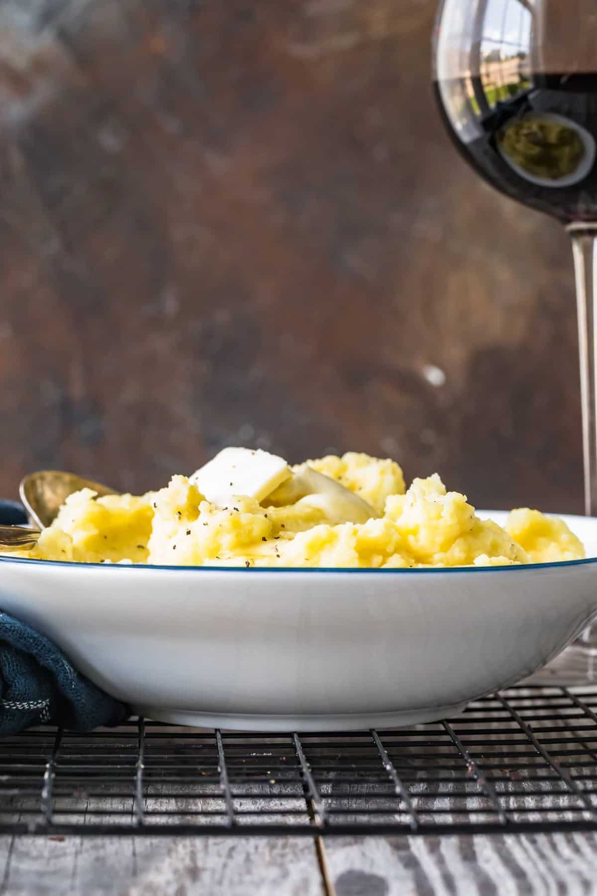 Mashed Potatoes served in a white and blue bowl