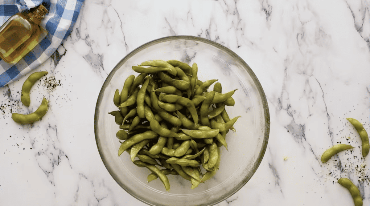 edamame in a glass bowl.