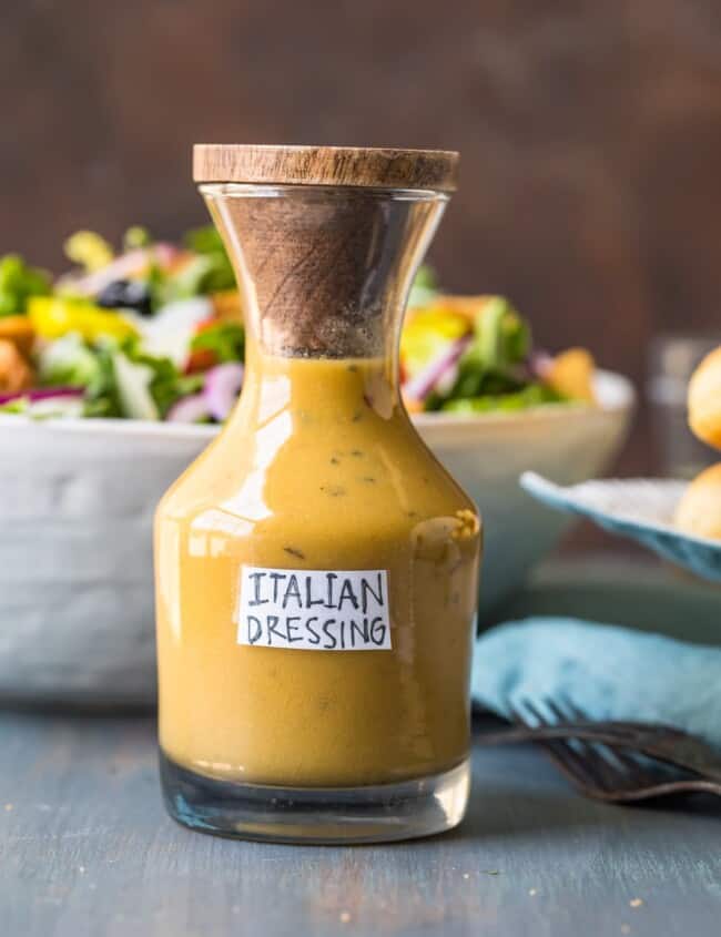 a bottle of italian dressing on a table