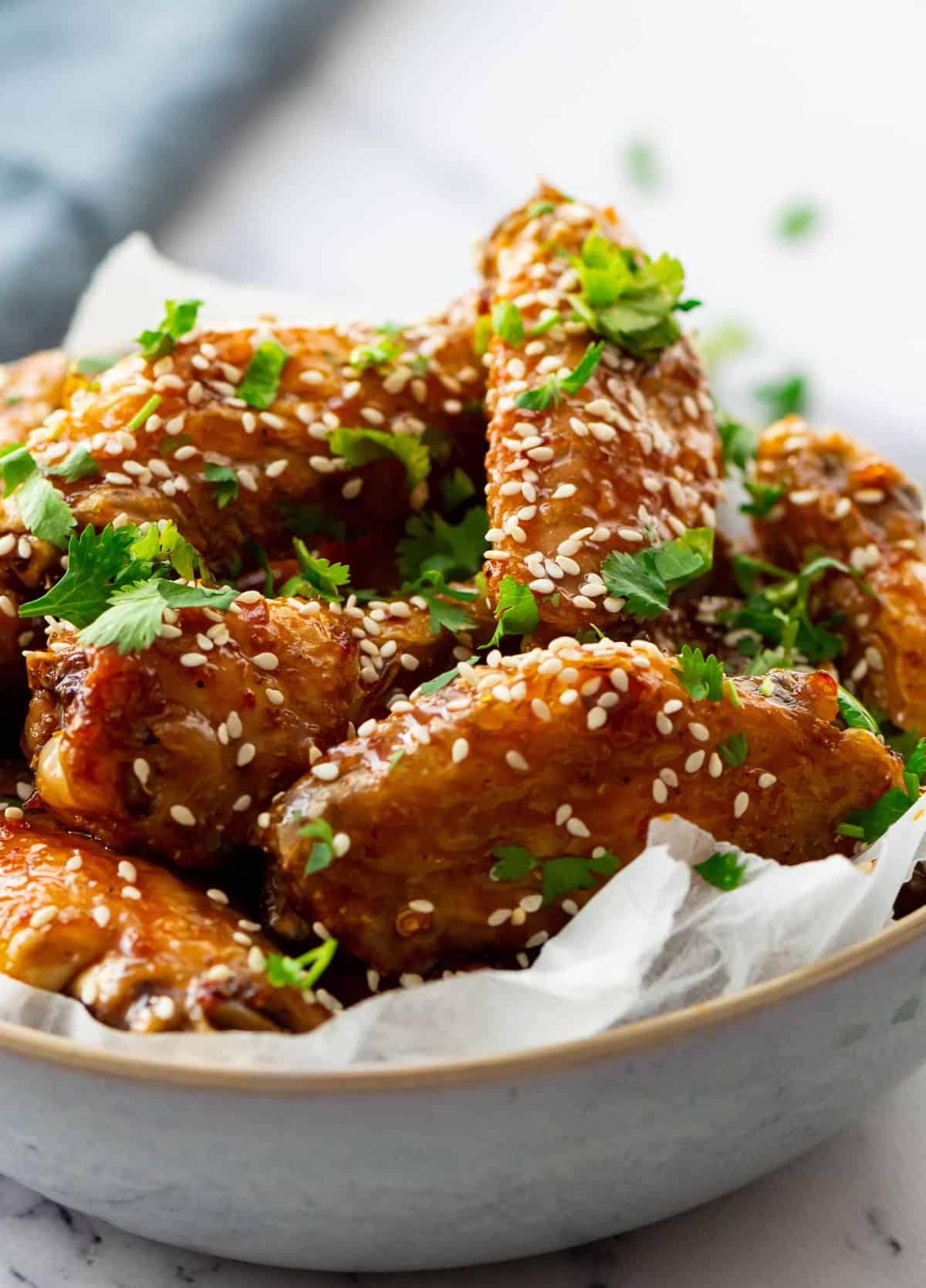 Close up of the sticky wings in a bowl