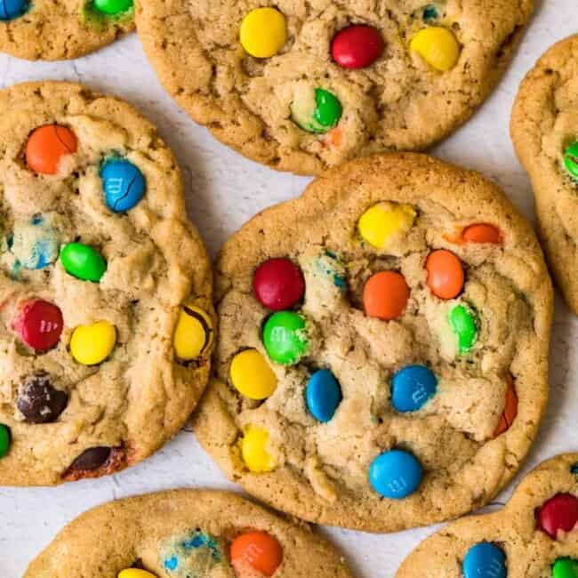 top shot of several freshly baked m&m cookies