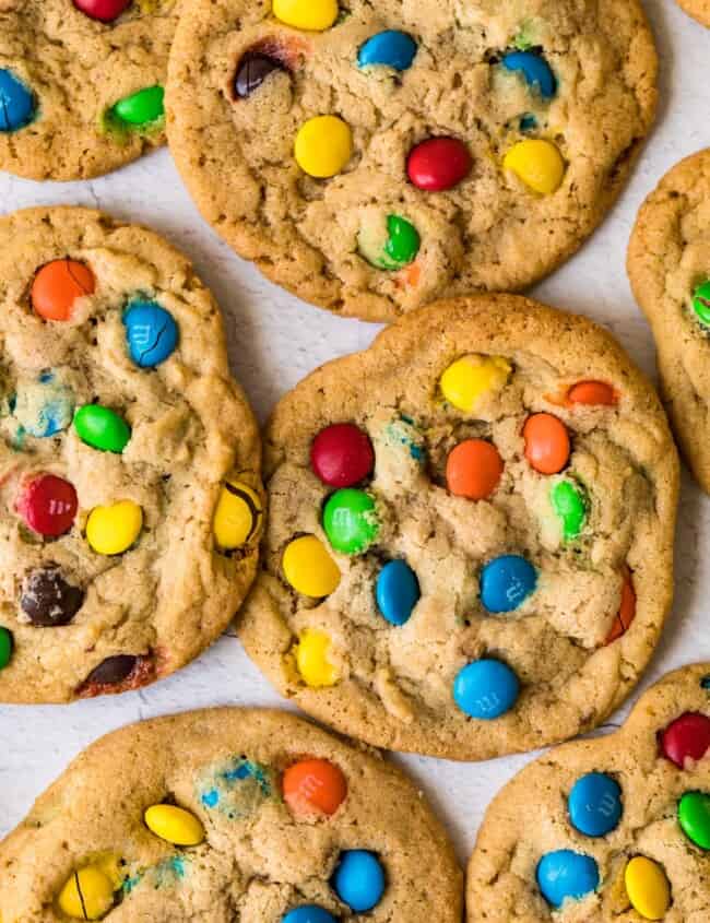 top shot of several freshly baked m&m cookies