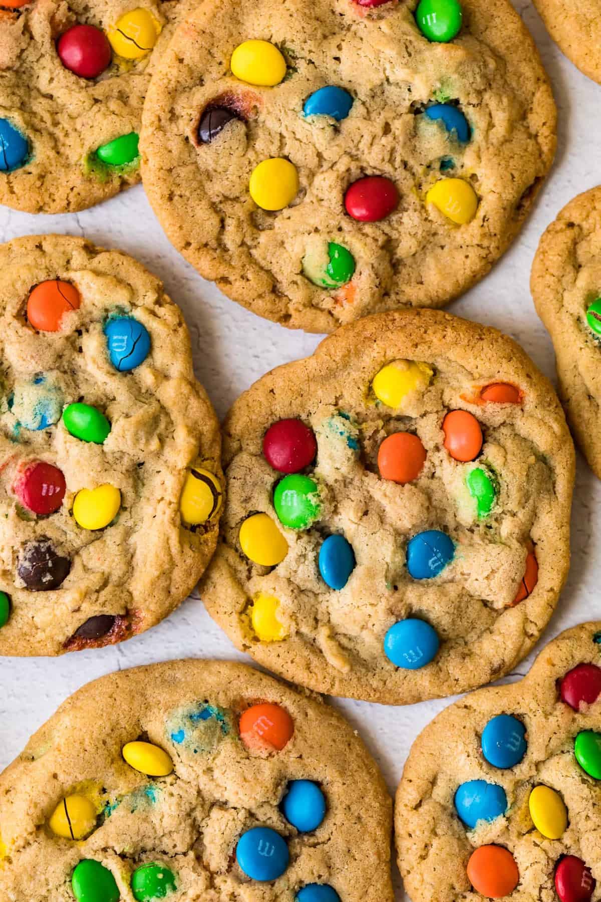  M&M Cookies on a white surface