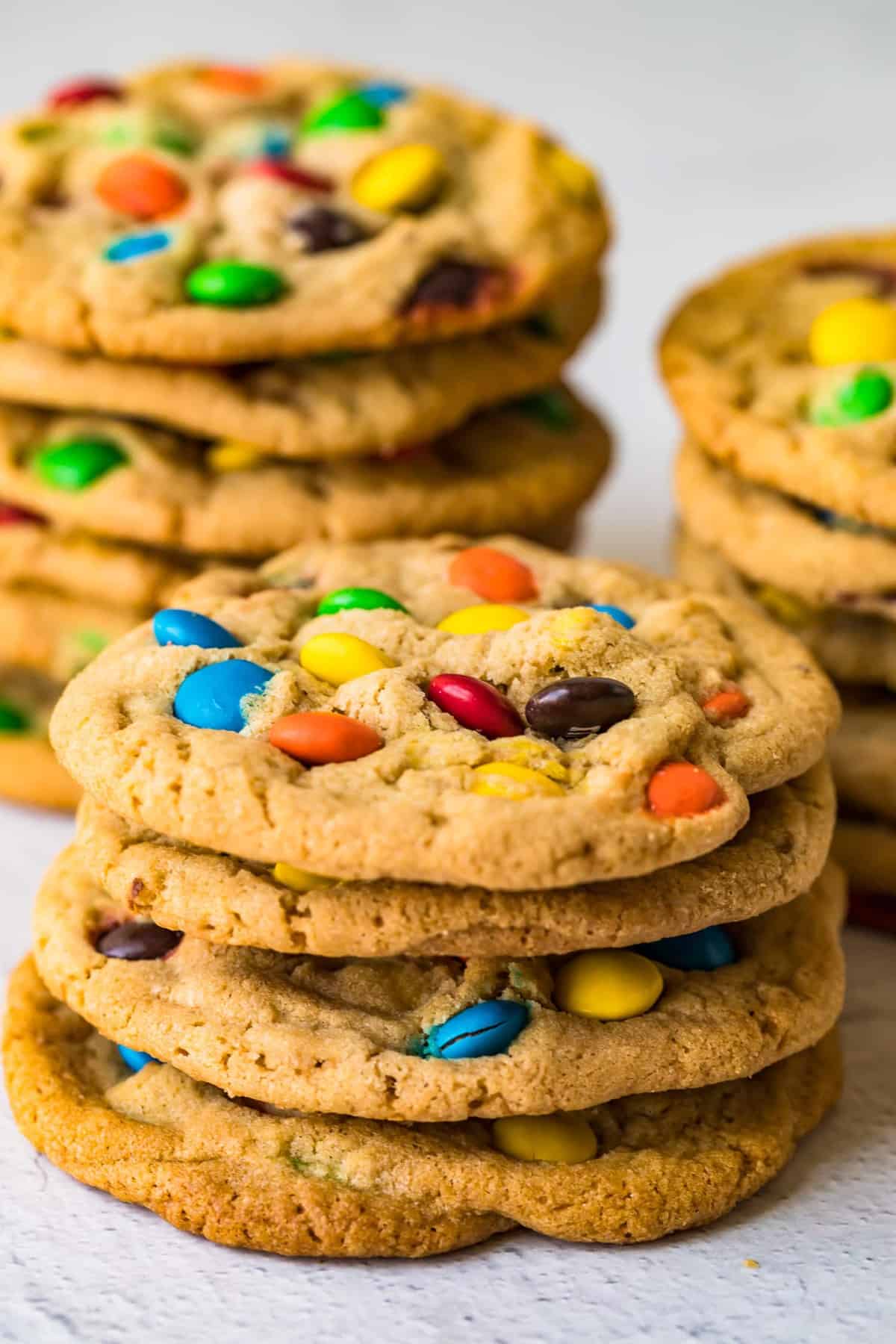  M&M Cookies stacked on top of eachother
