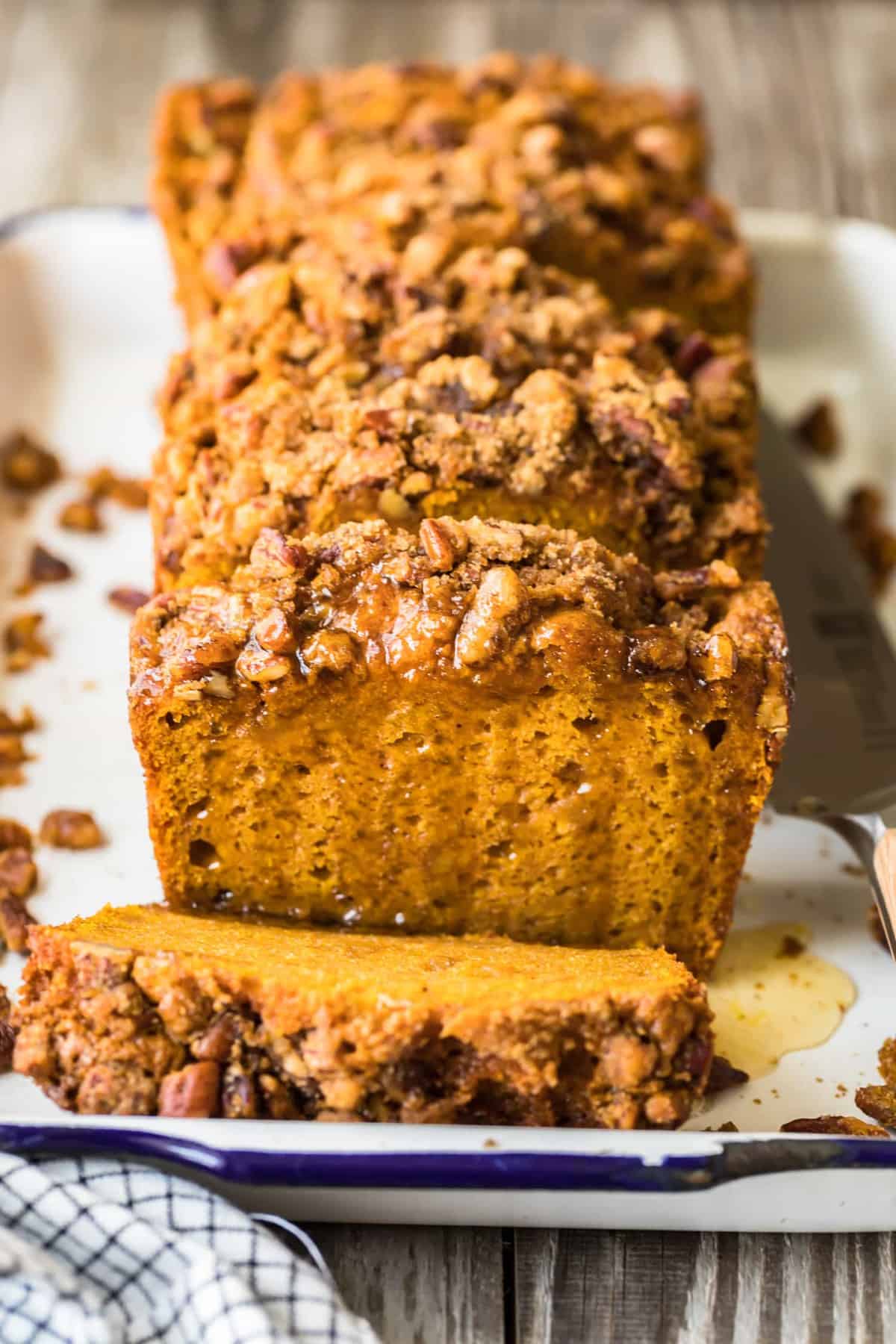 Slices of Oatmeal Pumpkin Bread on a white tray