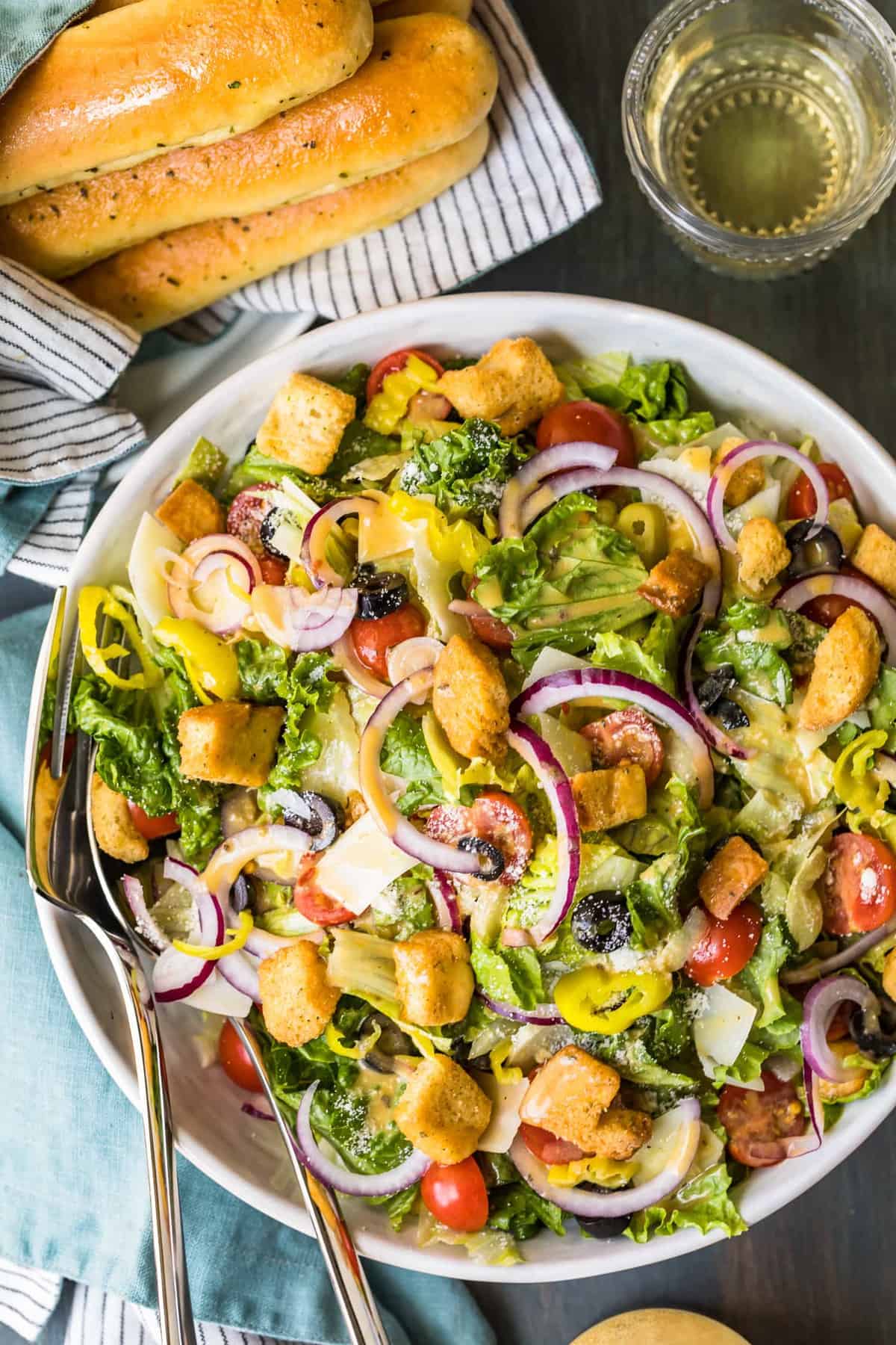 Top shot of the salad in a large white serving bowl