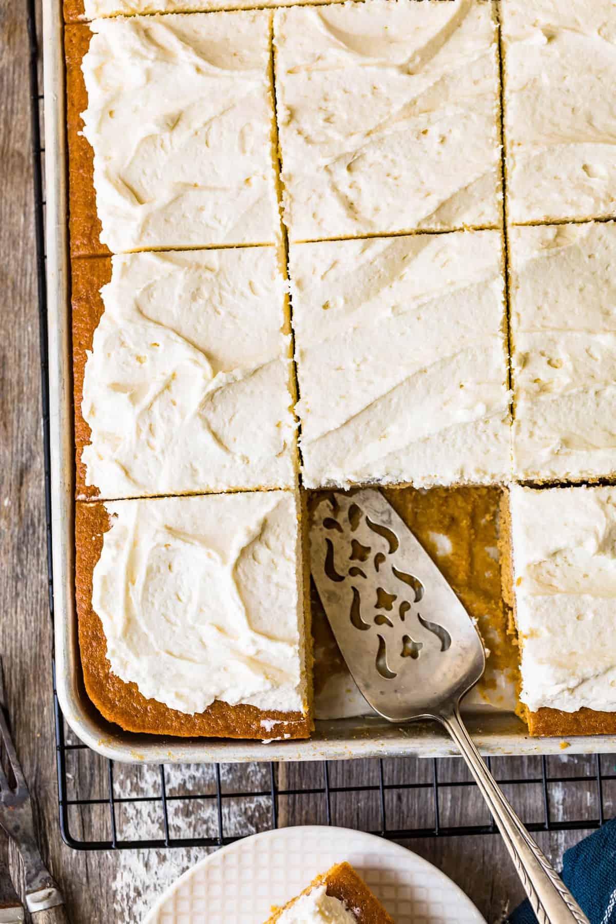 Top down shot of pumpkin bars in a sheet pan