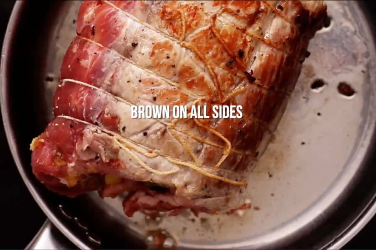 roast the pork roulade on stovetop, 3 minutes each side.