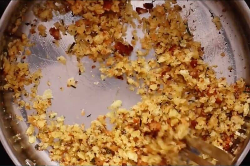 roast the breadcrumb mix with butter until brown.
