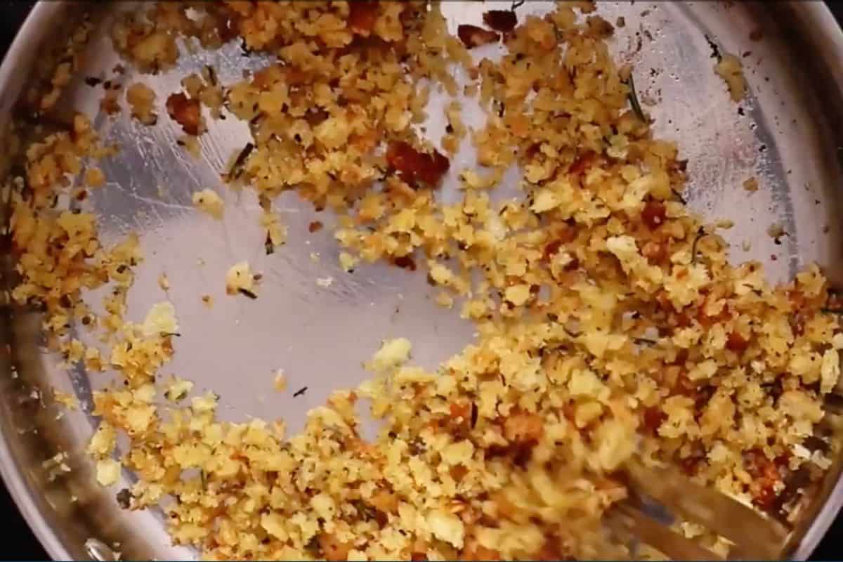 roast the breadcrumb mix with butter until brown.