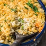 turkey and rice casserole in a dish with spoon