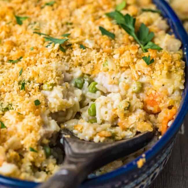 turkey and rice casserole in a dish with spoon