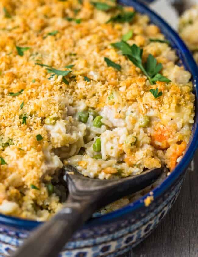 turkey and rice casserole in a dish with spoon