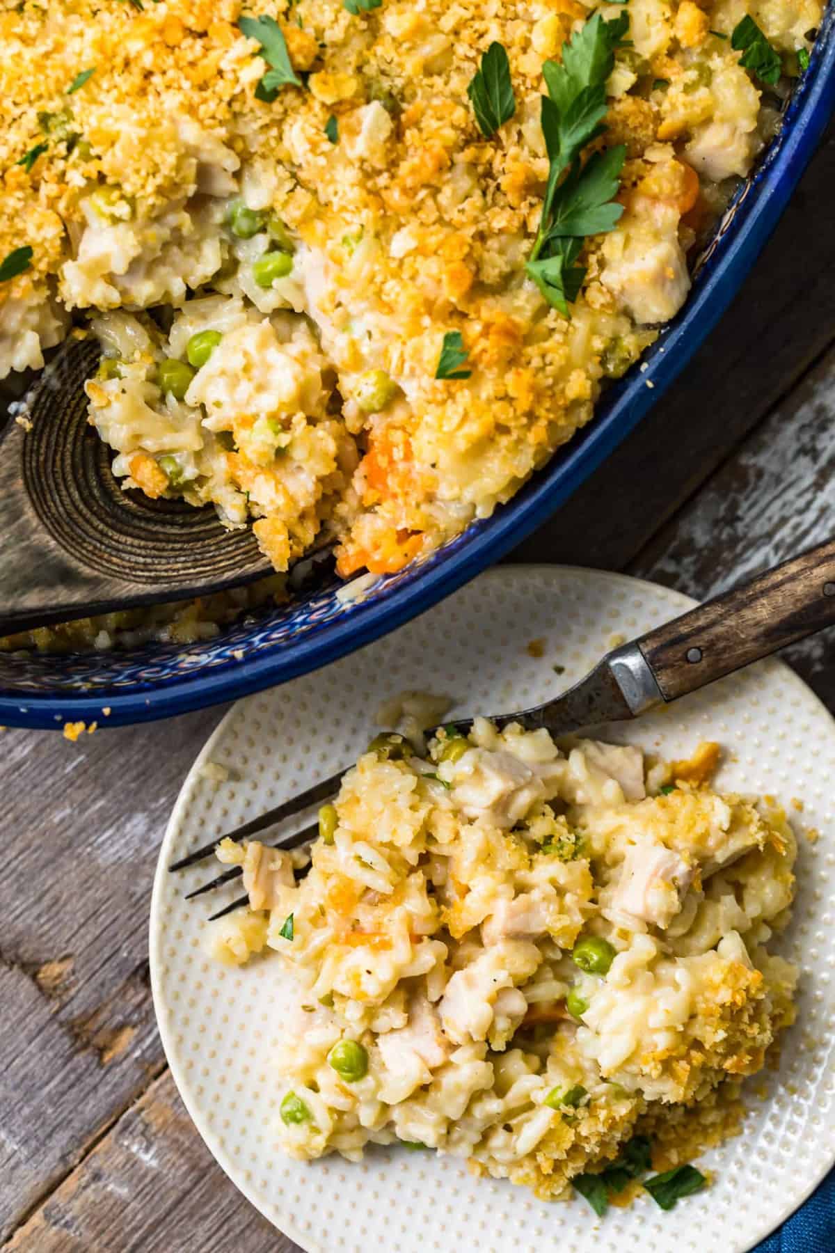 Close up of Turkey Rice Casserole on a plate with a fork