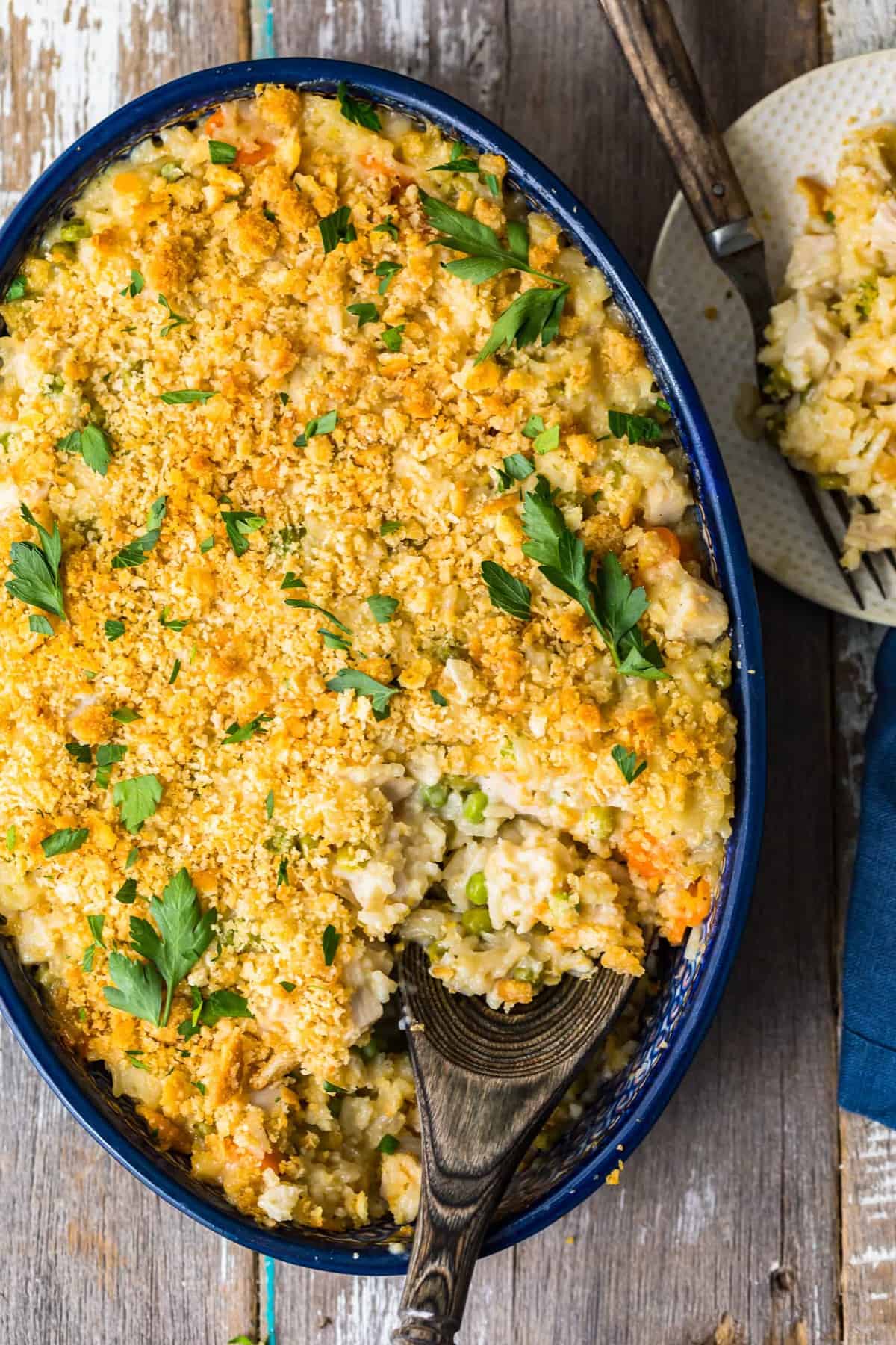 Turkey Rice Casserole garnished with fresh herbs