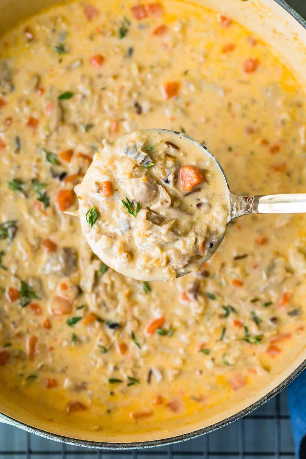 Turkey wild rice soup in a ladle 