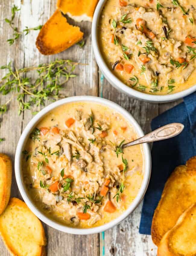 turkey wild rice soup in bowls