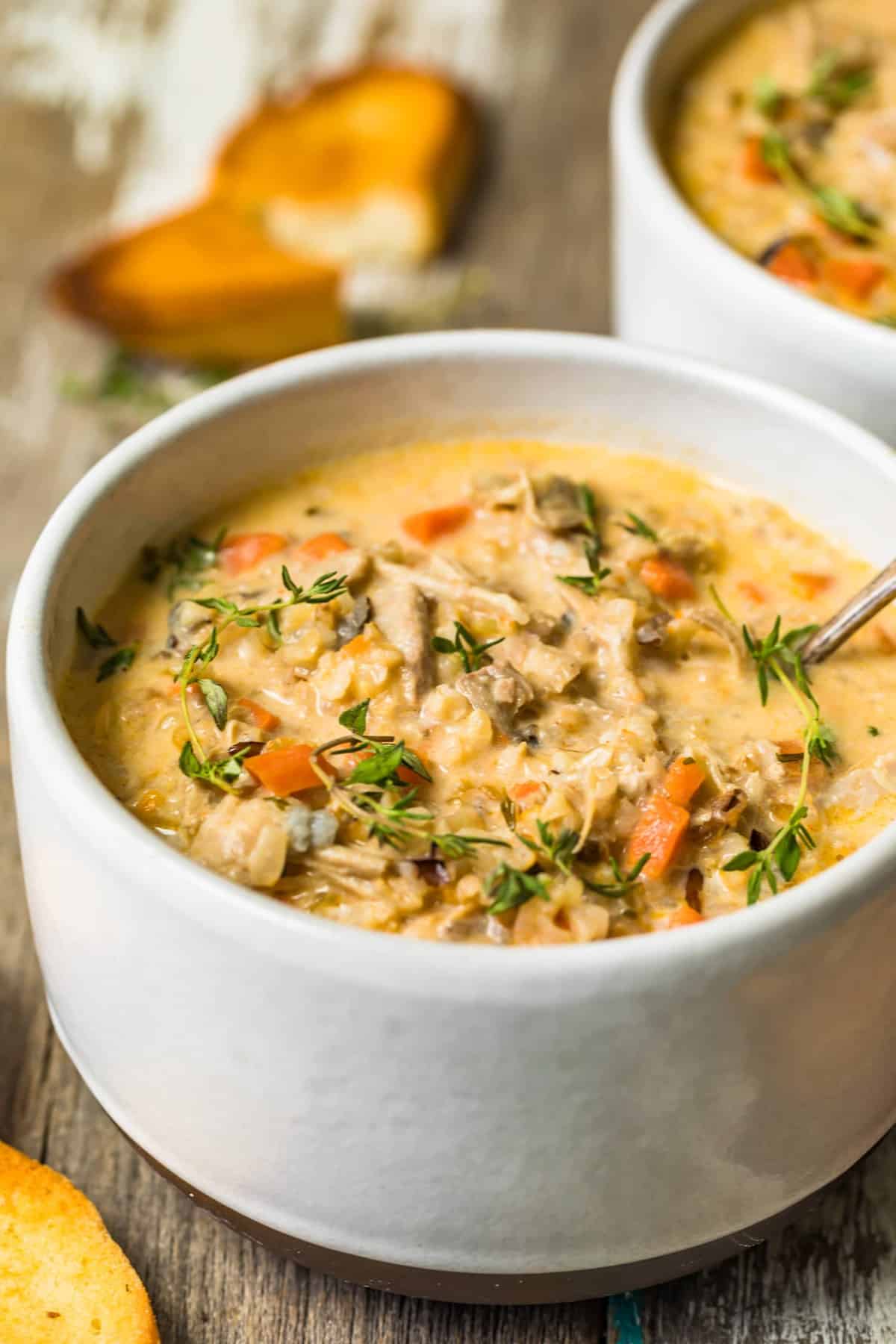 Fresh herbs garnishing the turkey wild rice soup