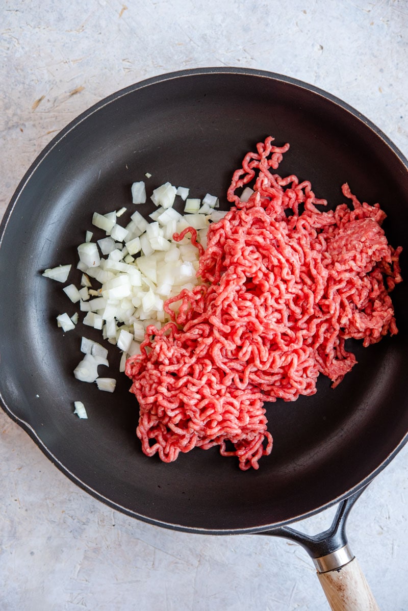 The first step of making chili mac and cheese.