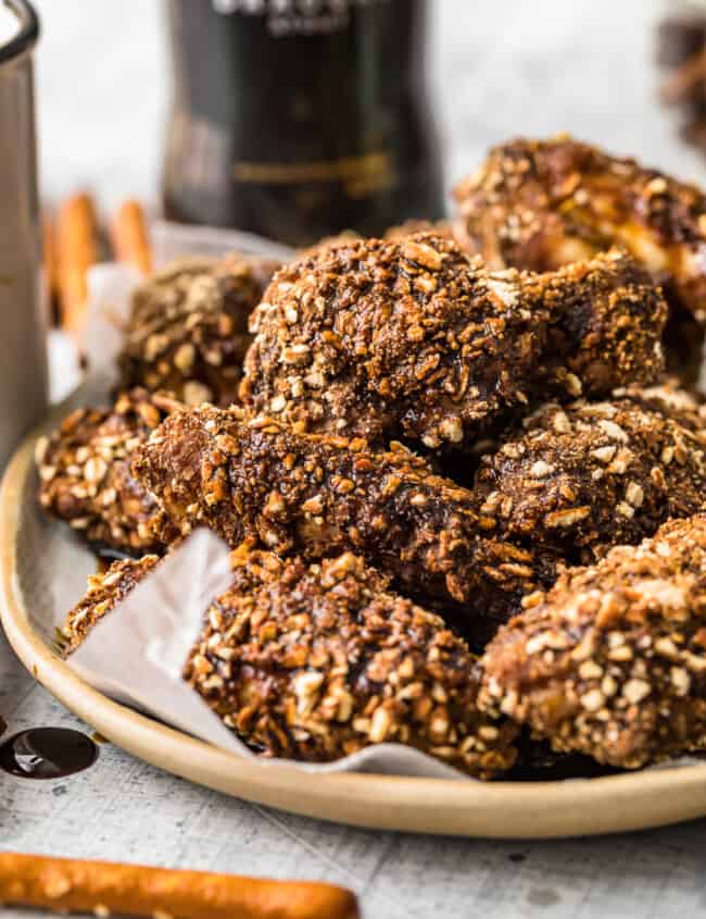 beer pretzel stacked on a plate