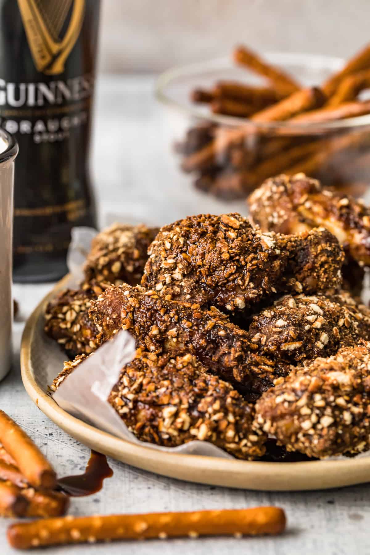 close up of beer and pretzel chicken wings 