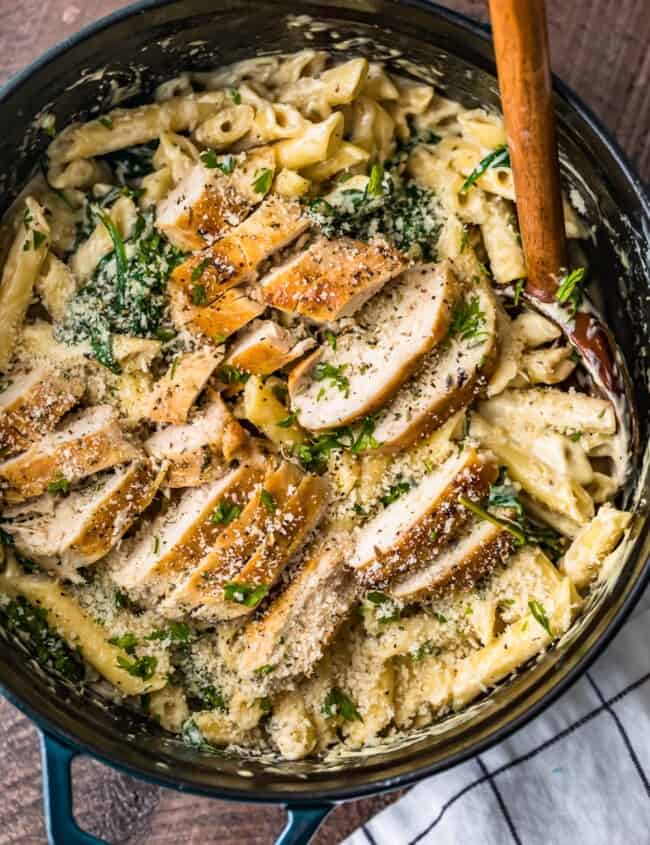 creamy chicken florentine pasta in bowl