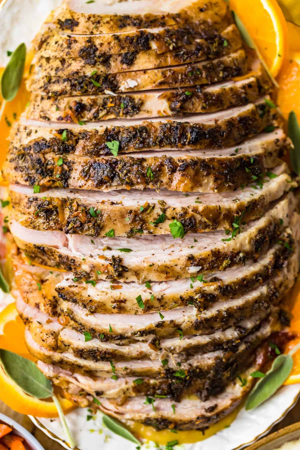 Turkey sliced to show the juicy meat