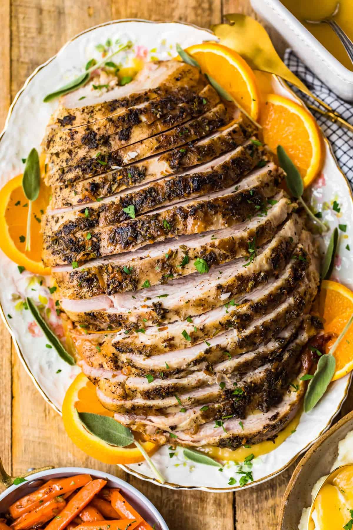 Top shot of sliced turkey breast on a serving plate