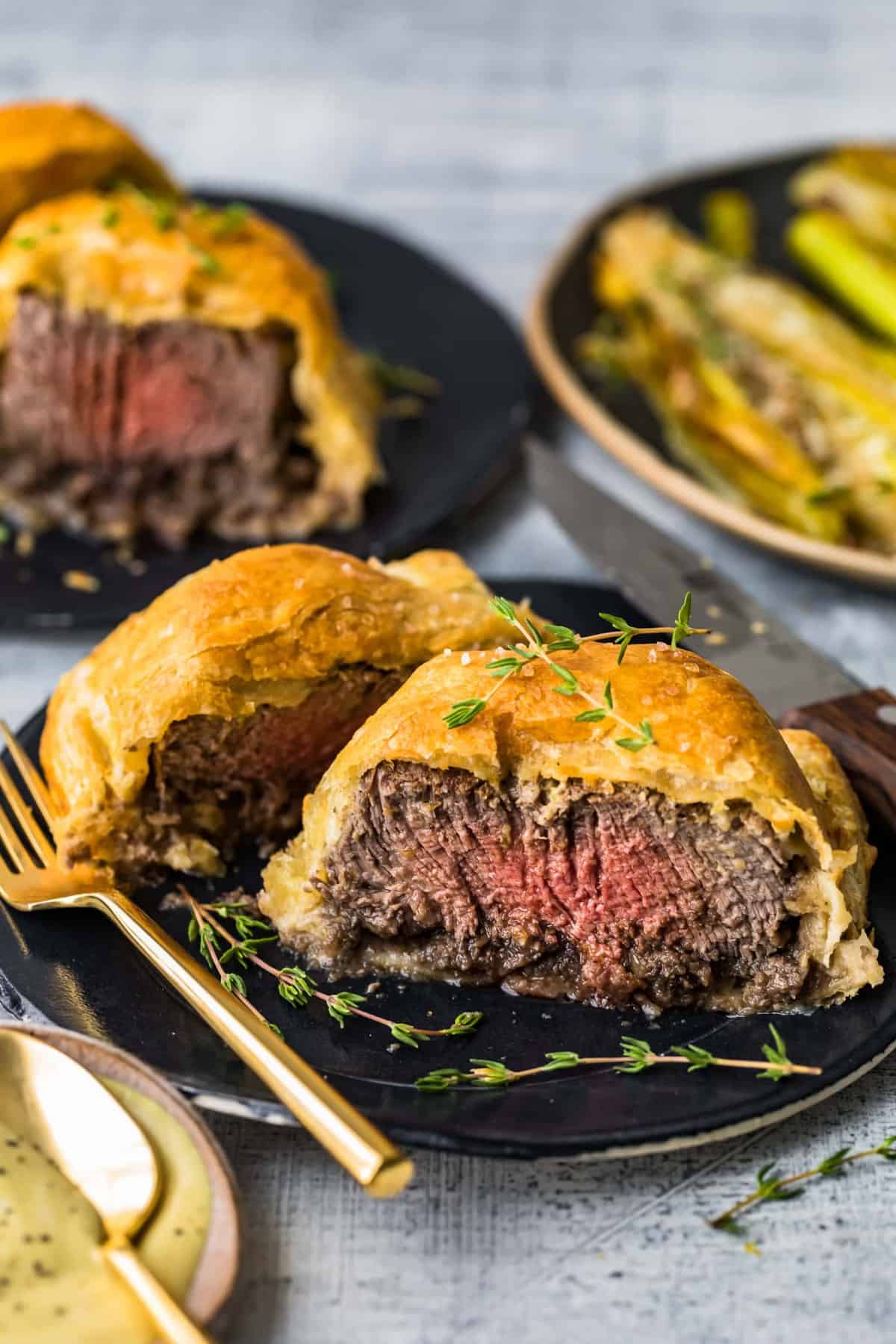 Individual beef wellington ready to eat