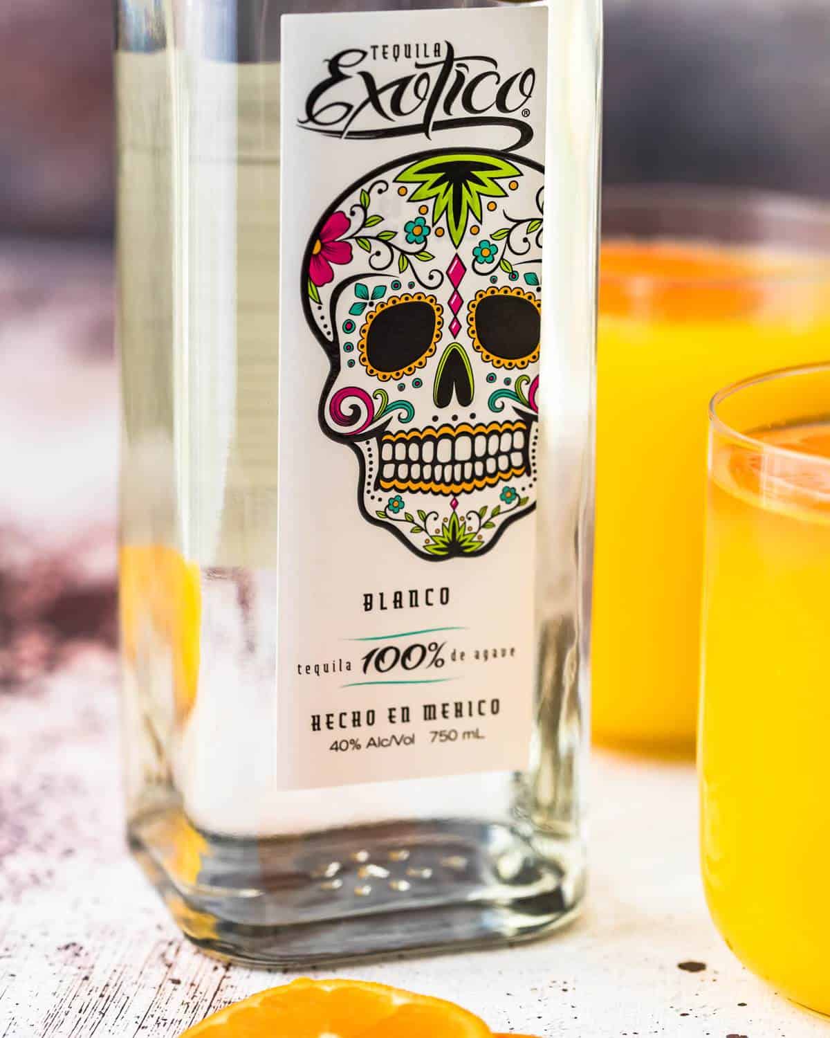 close up view of Exotico Tequila label