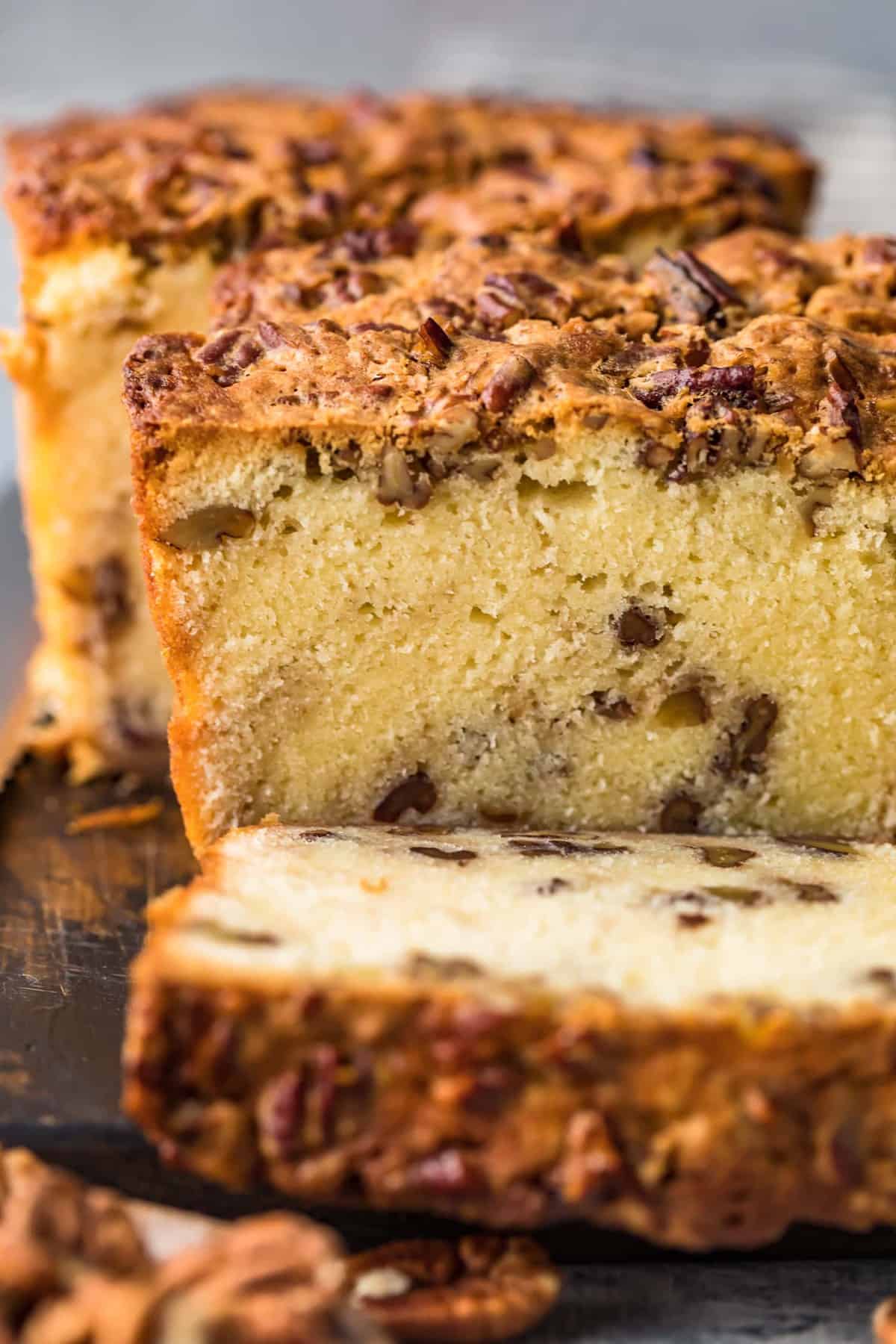 Close up of a slice of Pecan Pie Pound Cake