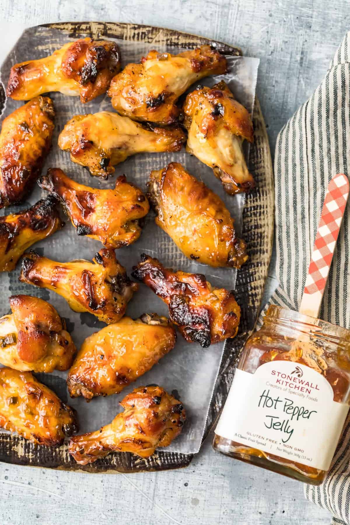 Pepper Jelly Chicken Wings served on a tray