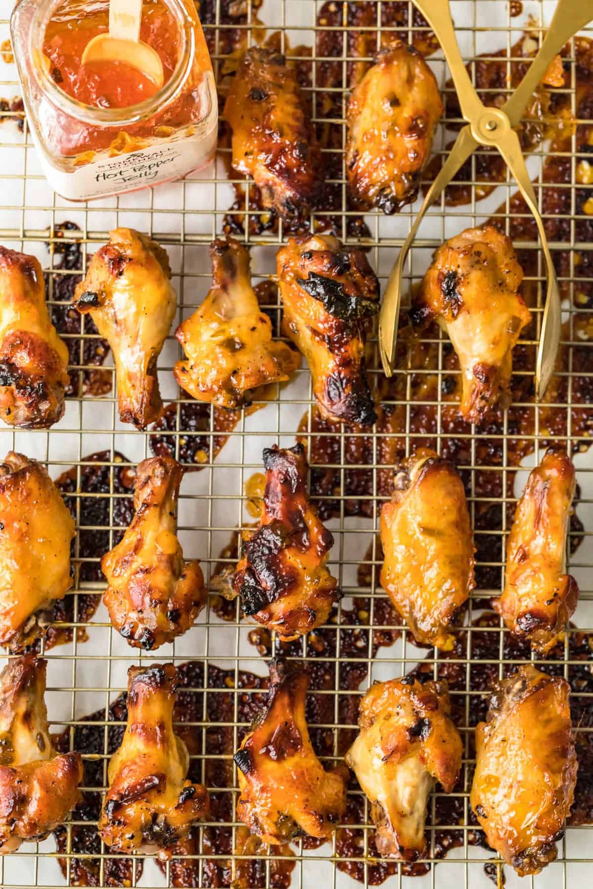 Pepper Jelly Chicken Wings on a cooling rack