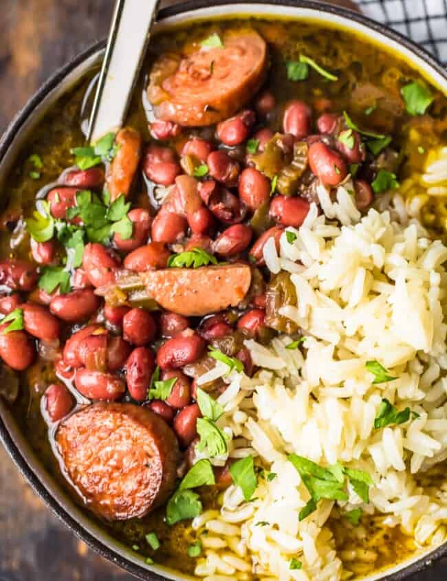 red beans and rice in bowl with spoon