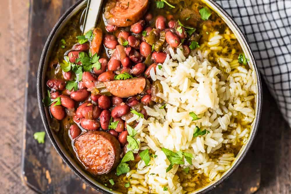 overhead shot of red beans and rice