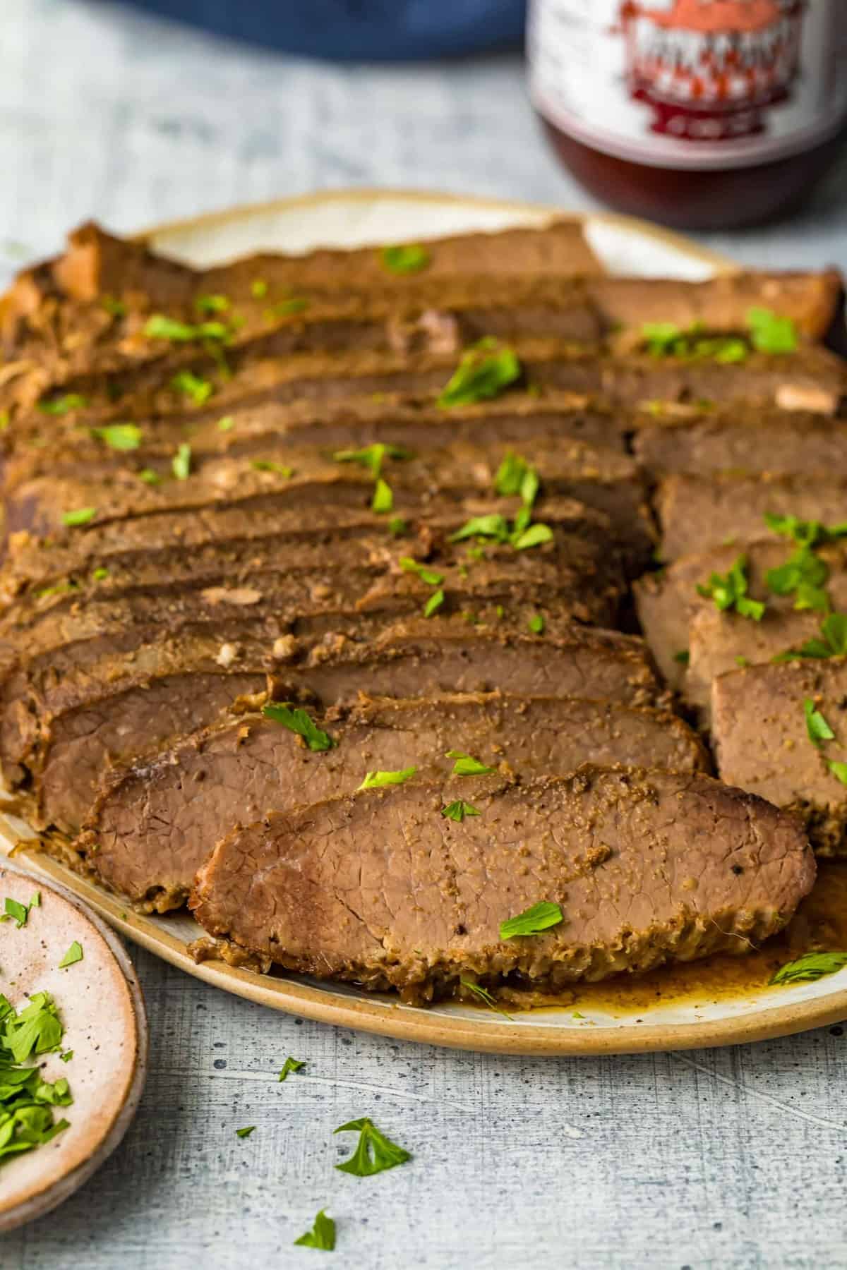 Slow Cooker Brisket sliced on a plate