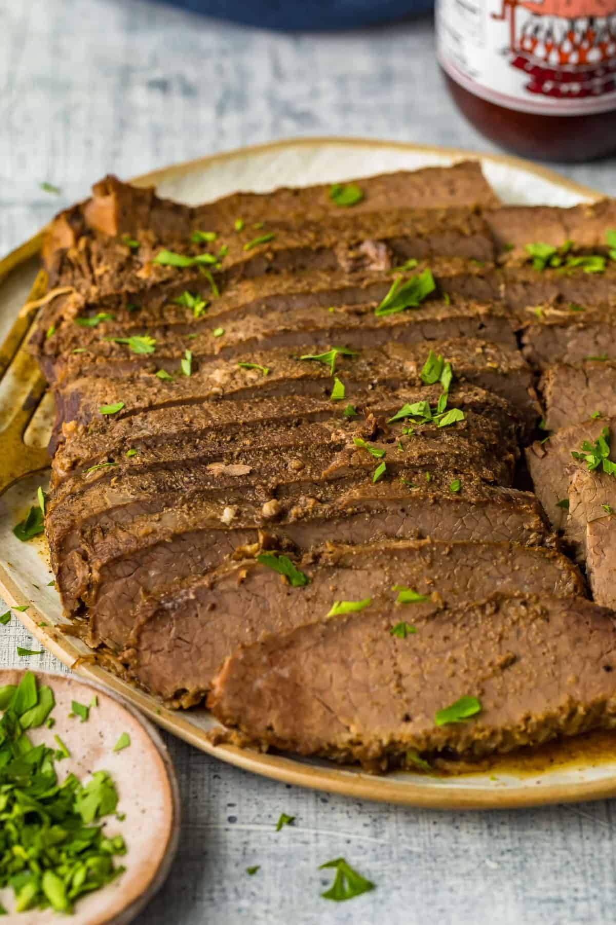 The beef cut into slices and ready to serve