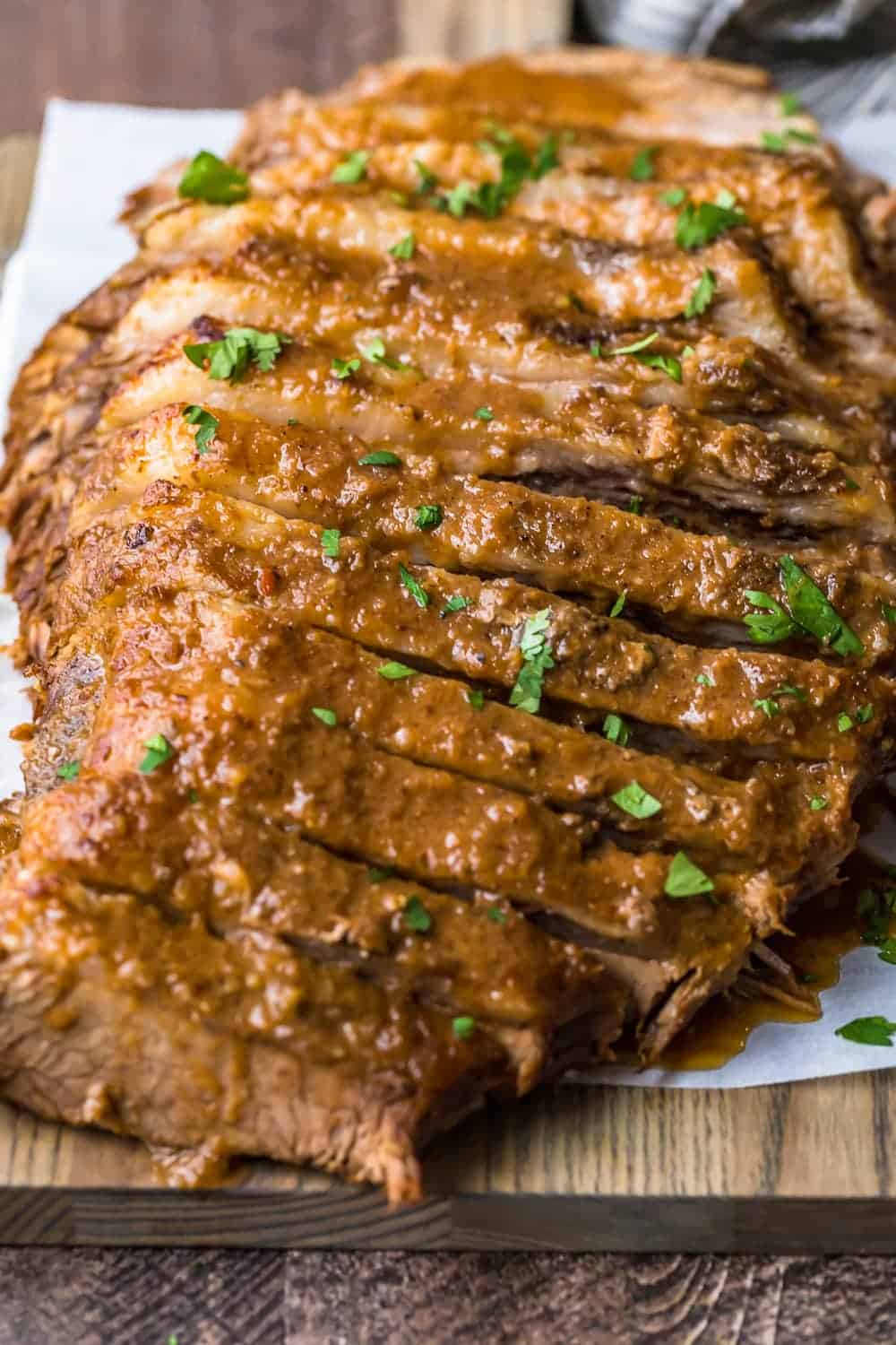 Sweet and sour beef brisket ready to serve