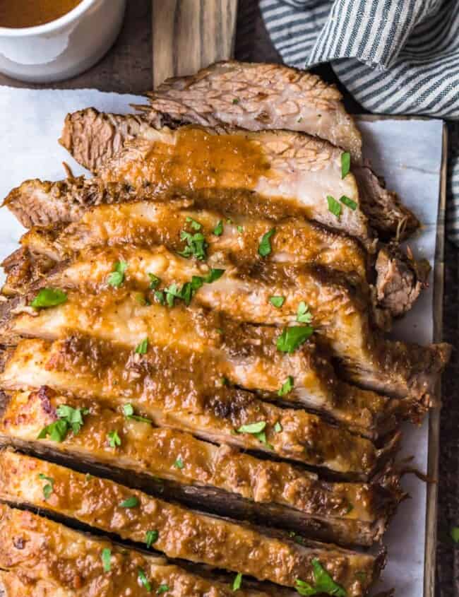 sweet and sour sliced brisket on a platter