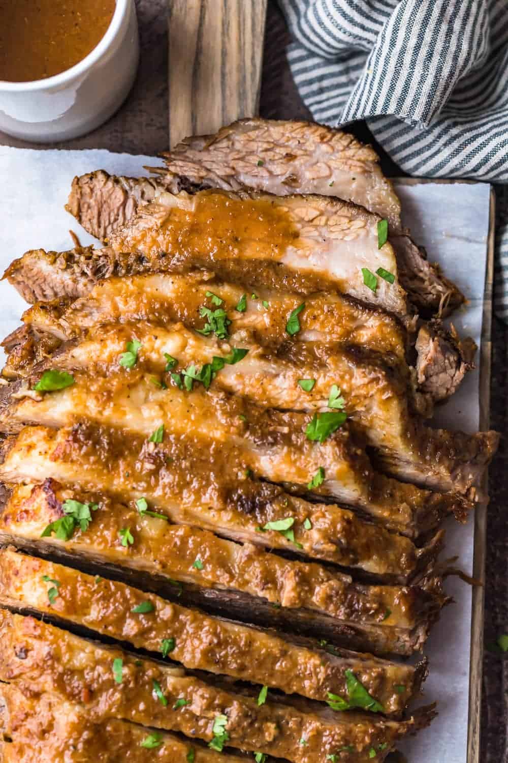 sweet and sour beef brisket cut into slices